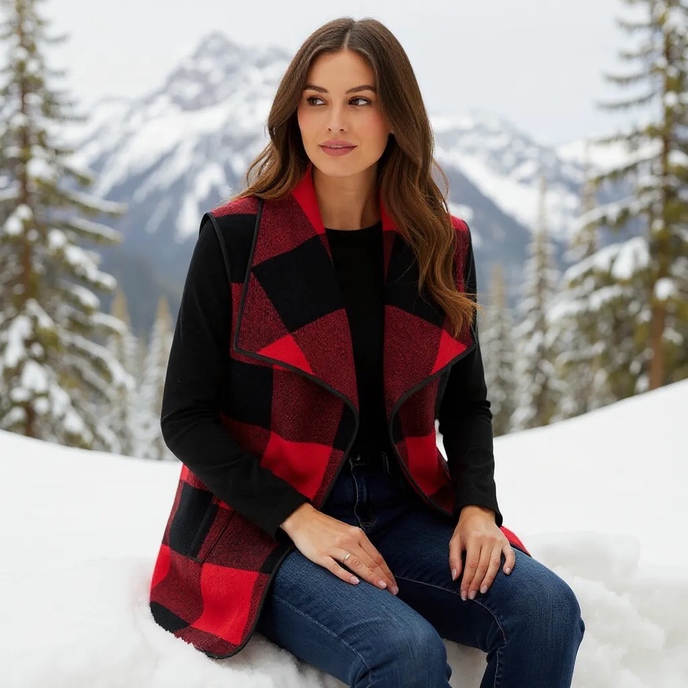 Open Front Buffalo Plaid Flannel Vest